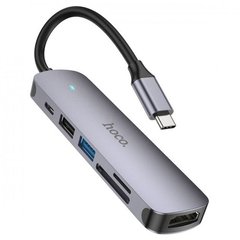 Кабель-переходник HOCO HB28 Type-C multi-function converter (HDTV+USB3.0+USB2.0+SD+TF+PD) Metal Gray