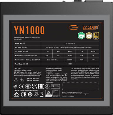 Блок питания PcCooler 1000W 80+ GOLD YN1000 модульный 12V-2x6 ATX 3.1 (P5-YN1000-G1FFBK1-EU)