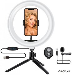Комплект блогера 4в1 ACCLAB Ring of Light (Держатель с LED-лампой, микрофон и Bluetooth управления, AL-LR101MB)