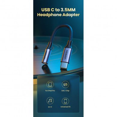 Усилитель для наушников UGREEN AV161 USB Type-C Male to 3.5mm Female Audio Cable Braided Aluminum Shell, 10 cm Gray 80154