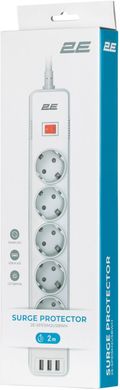 Сетевой фильтр 2E 5XSchuko 3G*1.5мм 3*USB-A 2м white (2E-SP515M2USBWH)