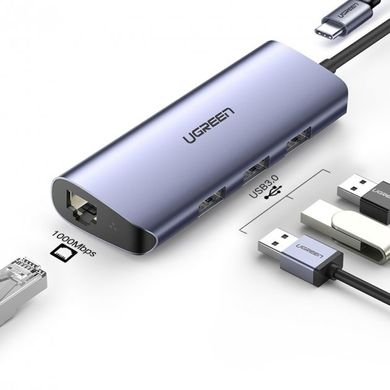 USB-хаб UGREEN CM252 USB Type-C to 3xUSB 3.0 HUB + Gigabit Converter Gray (60718)