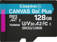 Карта памяти Kingston 128GB microSDXC C10 UHS-I U3 A2 R170/W90MB/s Canvas Go Plus (SDCG3/128GBSP)