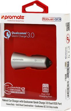 Автомобільний зарядний пристрій Promate Robust-QC3 30 Вт USB QC 3.0 + USB 2.4 A Silver (robust-qc3.silver)