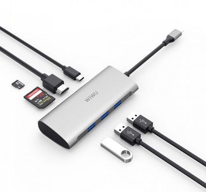 Хаб WIWU Adapter Alpha 731HP USB-C to 3xUSB3.0+HDMI+USB-C+SD+TF Card Silver (695781551260)