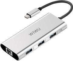 Хаб WIWU Adapter Apollo A430R USB-C to RJ45+3xUSB3.0 HUB Silver (6957815507177)
