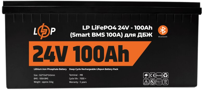 Аккумулятор для ИБП LogicPower LiFePO4 24V (25,6V) - 100 Ah (2560Wh) (Smart BMS 100А) с BT пластик для ИБП (20200)