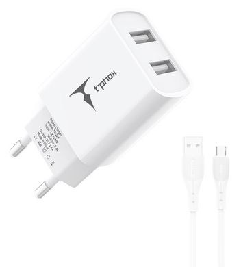 Мережевий зарядний пристрій T-PHOX TCC-224 Pocket Dual USB + MicroUSB cable White (TCC-224 (W)+Micro)
