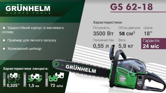 Бензопила Grunhelm GS62-18 (88343)