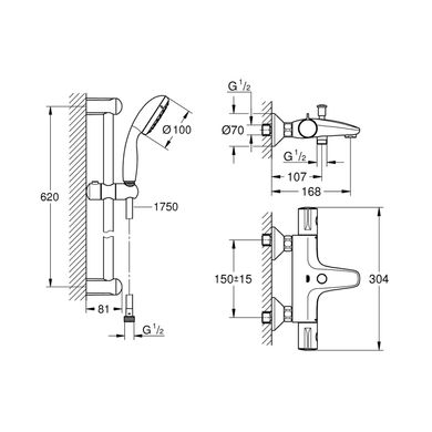 Смеситель для ванны GROHE Grohtherm 800 34567000 с душевым гарнитуром New Tempesta 27853001