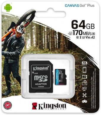 Карта памяти Kingston MicroSDHC 64GB UHS-I/U3 Class 10 Kingston Canvas Go! Plus R170/W70MB/s + SD-адаптер (SDCG3/64GB)
