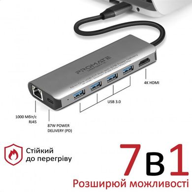 Хаб Promate UniPort-C USB-C PD / HDMI / 4xUSB 3.0 / RJ45 Grey (uniport-c.grey)