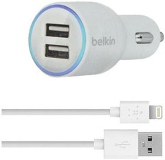 Автомобильное зарядное устройство Belkin Dual Car Charger with Lightning to USB Cable (10 Watt/2.1 Amp Per Port) White