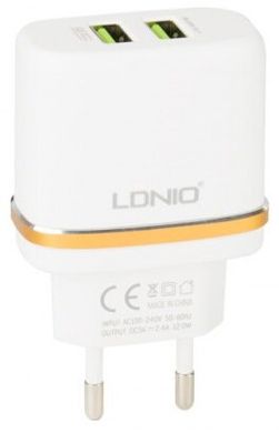 Мережевий зарядний пристрій 2USB LDNIO (2.4A) White + USB Cable iPhone 5 (DL-AC52)