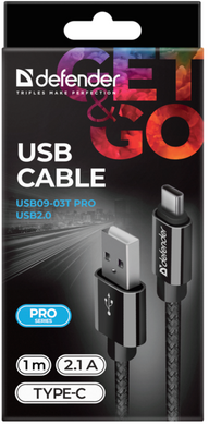 Кабель Defender USB09-03T PRO USB2.0 AM-Type-C Black 1m (87814)