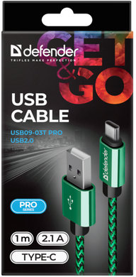 Кабель Defender USB09-03T PRO USB(AM)-C Type 1m Green (87816)