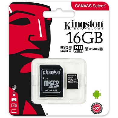Карта памяти Micro SD Kingston 16Gb Class 10 UHS-I Canvas Select+ad (R80/W10)