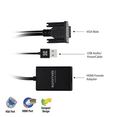 Переходник Promate ProLink-V2H HDMI - VGA + USB Black (prolink-v2h.black)