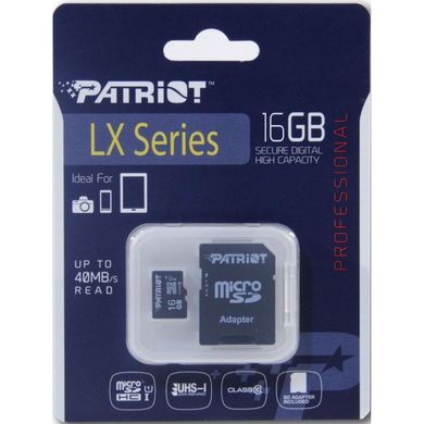 Карта памяти Patriot MicroSDHC16GB UHS-I Class 10 Patriot LX + SD-adapter (PSF16GMCSDHC10)