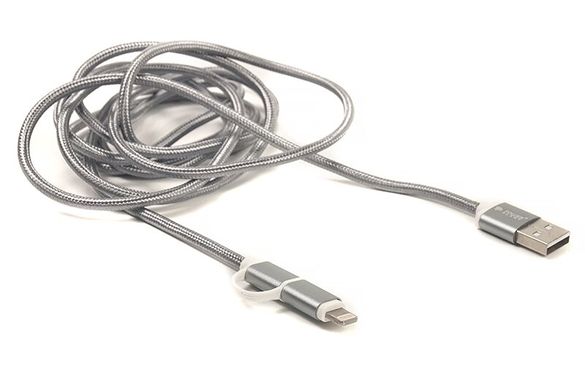 Кабель PowerPlant Quick Charge 2A 2-в-1 cotton USB 2.0 AM - Lightning / Micro 2м Grey