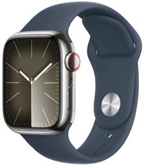 Apple Watch Series 9 GPS + Cellular 45mm Silver Stainless Steel Case with Storm Blue Sport Band - S/M (MRMN3)