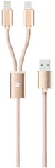 Кабель Rock 2 in 1 charging cable w / version D / USBA TO lightning + micro / 1,2M Gold