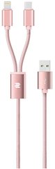 Кабель Rock 2 in 1 charging cable w/version D/USBA TO lightning+micro/ 1,2M Rose Gold