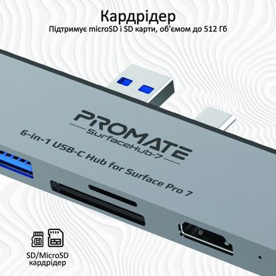 Хаб 6-в-1 Promate SurfaceHub-7 HDMI/2xUSB 3.1/USB-C 3.1/SD/MicroSD Grey (surfacehub-7.grey)