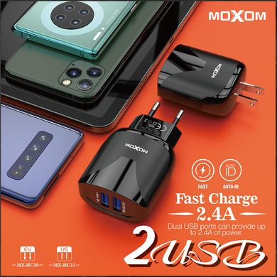 Сетевое зарядное устройство Moxom 2в1 Type-C 2 USB/2.4A Auto-ID (MX-HC30) black