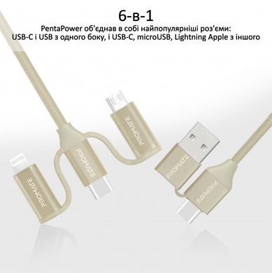Кабель Promate PentaPower USB-C / USB to USB-C / microUSB / Lightning 1.2 м Gold (pentapower.gold)