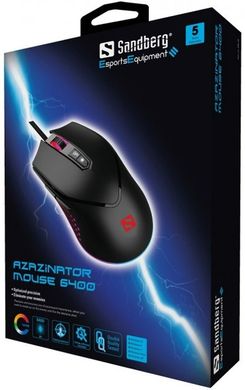 Мишка Sandberg Azazinator Mouse 6400 RGB, ігрова, 6400dpi., 7кн.Huano чорна
