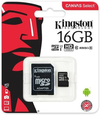 Карта пам'яті Kingston microSDXC 16GB Canvas Select SDHC Class 10 UHS-I U1 + adapter