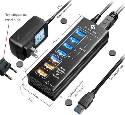 USB-хаб AIRON Type-C SmartDelux 4-ports USB 3.0 (до 5 Гбіт / сек) + 3-ports super charging (до 2,4 А) (86000150125)