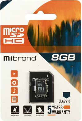 Карта памяти Mibrand microSDHC 8Gb class 10 (adapter SD) (MICDHC10/8GB-A)