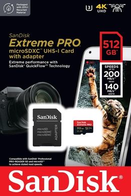 Карта памяти SanDisk 512GB microSDXC C10 UHS-I U3 R200/W140MB/s Extreme Pro V30+SD (SDSQXCD-512G-GN6MA)