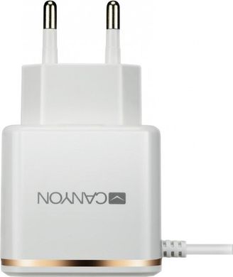 Мережевий зарядний пристрій Canyon USB + вбудований кабель Lightning 2.1 А White (CNE-CHA043WR)
