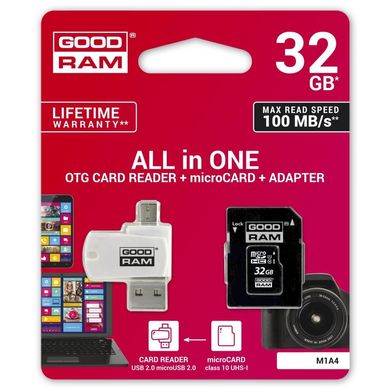 Карта пам'яті Goodram MicroSDHC 32GB UHS-I Class 10 + SD-adapter + OTG Card reader (M1A4-0320R12)