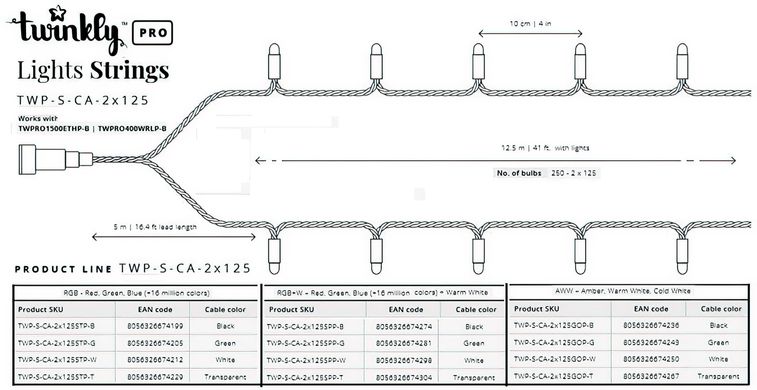 Линейная гирлянда Twinkly Smart LED Pro Strings RGB 250 двойная линия AWG22 черный (TWP-S-CA-2X125STP-B)