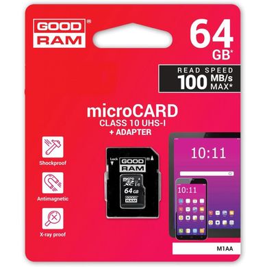 Карта пам'яті Goodram MicroSDHC 64GB UHS-I Class 10 Goodram + SD-adapter (M1AA-0640R12)