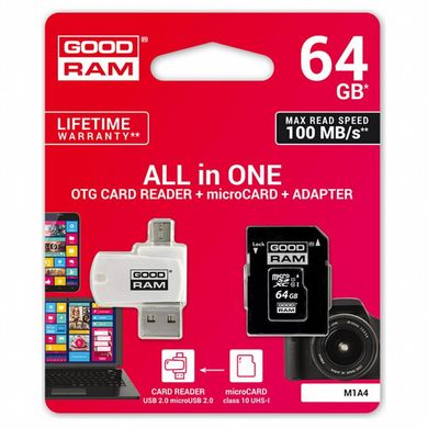 Карта памяти Goodram MicroSDHC 64GB UHS-I Class 10 GOODRAM + SD-adapter + OTG Card reader (M1A4-0640R12)