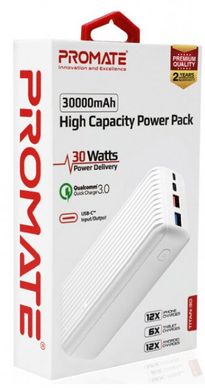 Універсальна мобільна батарея Promate Titan-30 30000 mAh 30Вт Type-C PD 18Вт USB QC3.0 USB 2.4А White (titan-30.white)