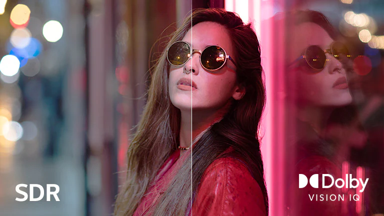 Сцена з жінкою в темних окулярах, розділена на дві частини для візуального порівняння. На зображенні є текст «SDR» унизу ліворуч і логотип Dolby Vision IQ внизу праворуч.